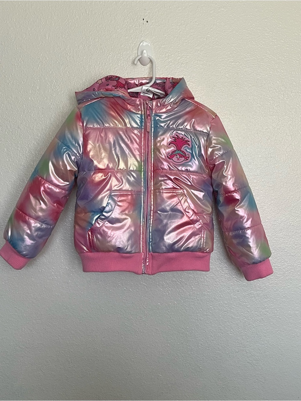 Girls' Trolls Iridescent Rainbow Puffer Jacket with Hood - Pink